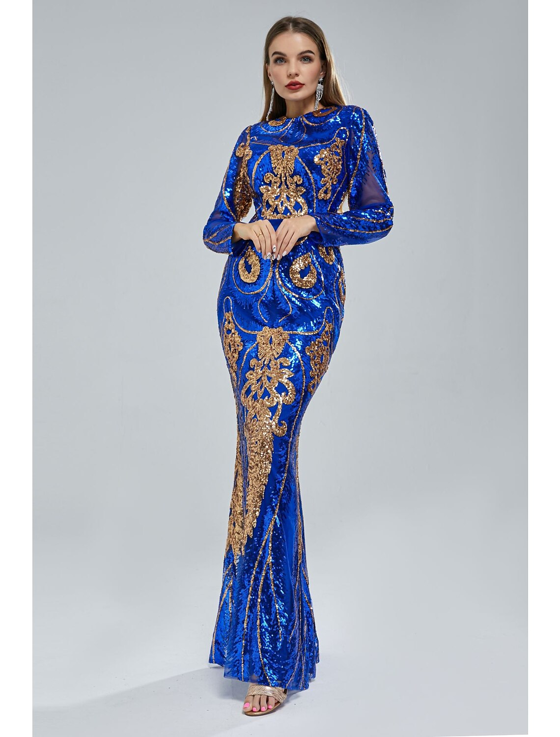 Vestido de noche sirena/trompeta con brillo y destellos, vestido de compromiso formal de noche, cola capilla, manga corta, cuello joya, lentejuelas con lentejuelas